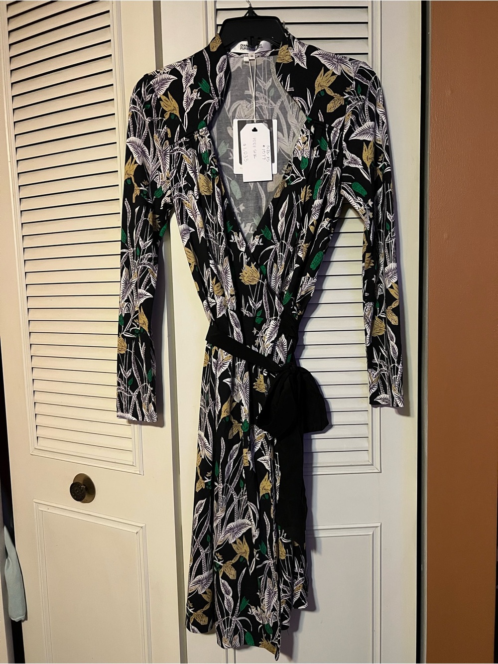 Black Botanical Wrap Dress with Green & Gold Floral Print